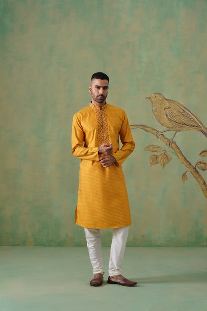Mustard Jacquard Kurta Set with Embroidery
