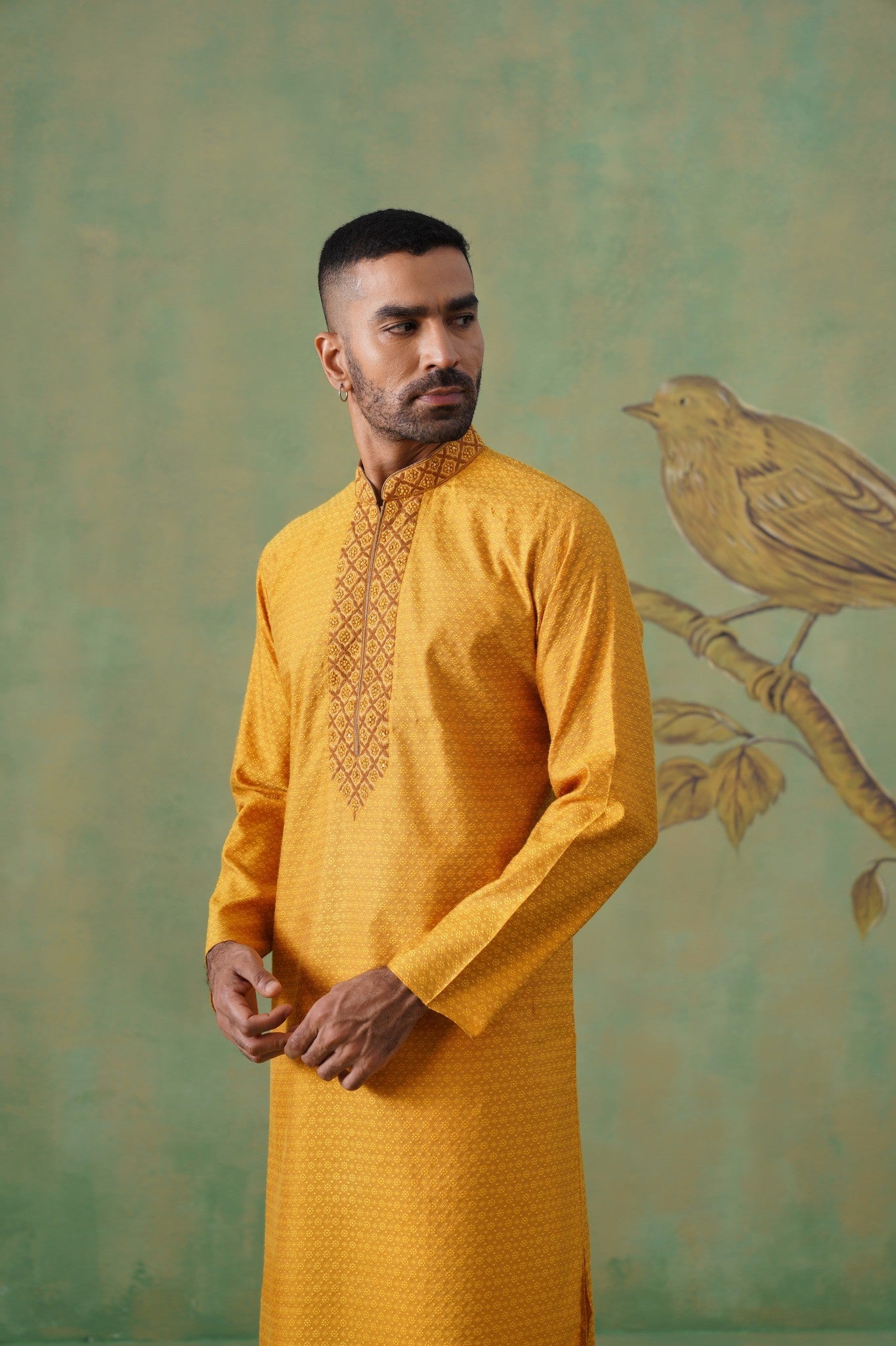 Mustard Jacquard Kurta Set with Embroidery