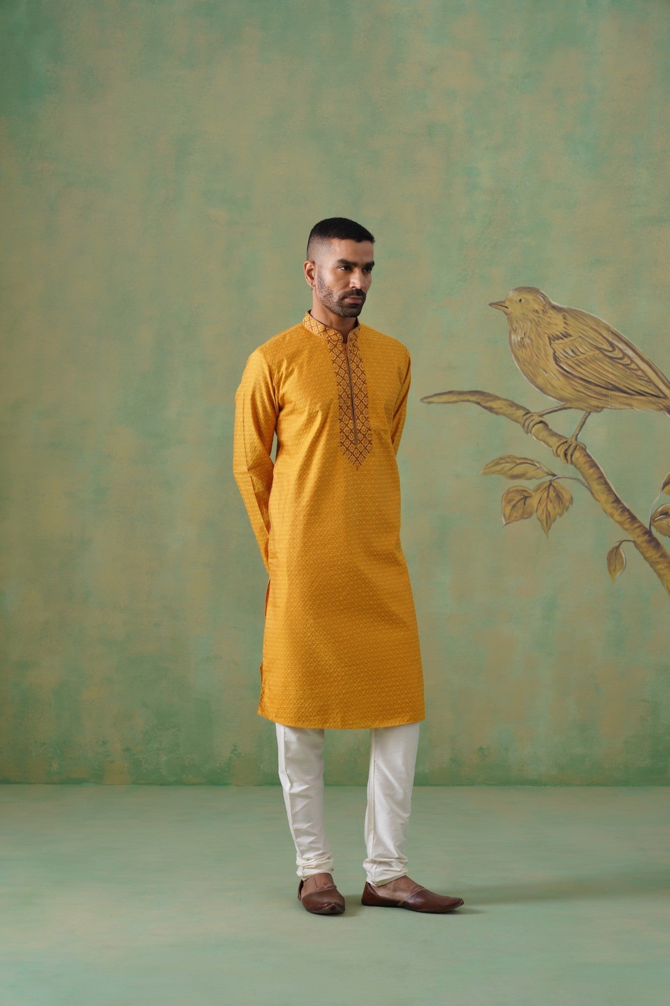 Mustard Jacquard Kurta Set with Embroidery