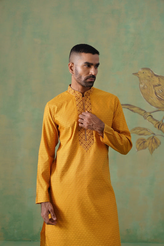 Mustard Jacquard Kurta Set with Embroidery
