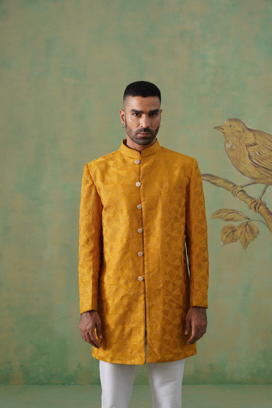 Mustard Geometric Jacquard Long Jacket Set
