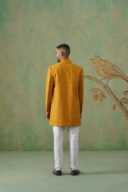 Mustard Geometric Jacquard Long Jacket Set