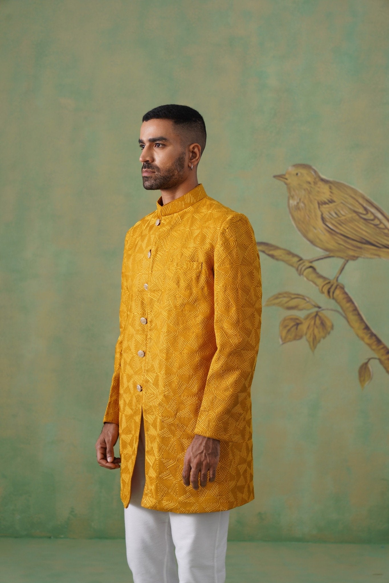 Mustard Geometric Jacquard Long Jacket Set