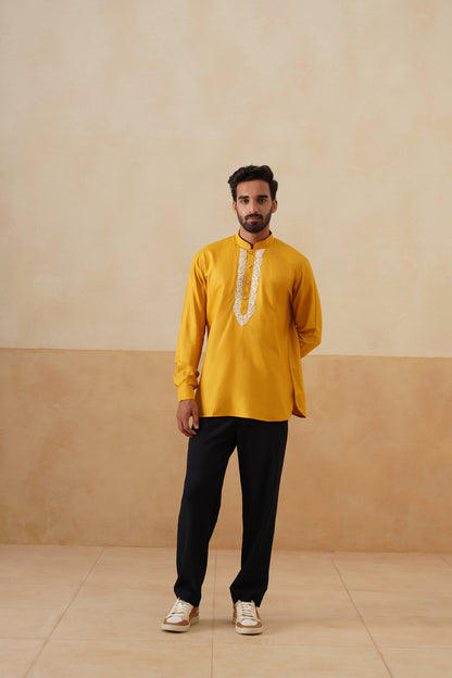 Mustard Yellow Hand Embroidered Ethnic Shirt