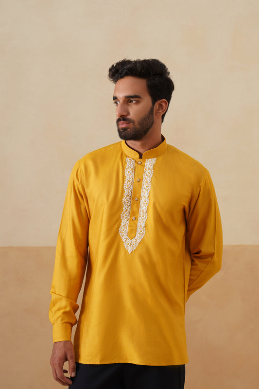Mustard Yellow Hand Embroidered Ethnic Shirt