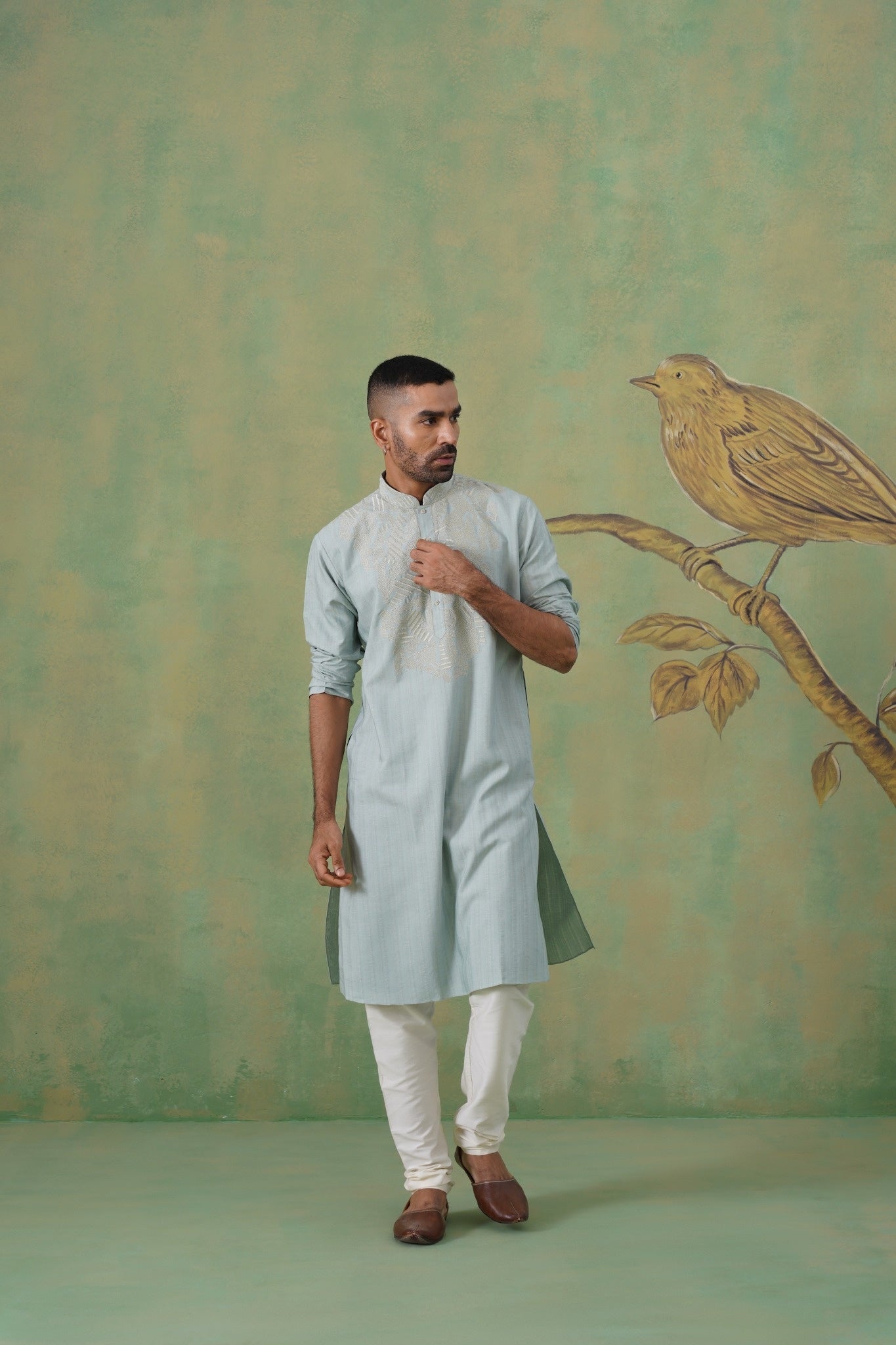 Muted Olive Green Kurta Set with Thread Work