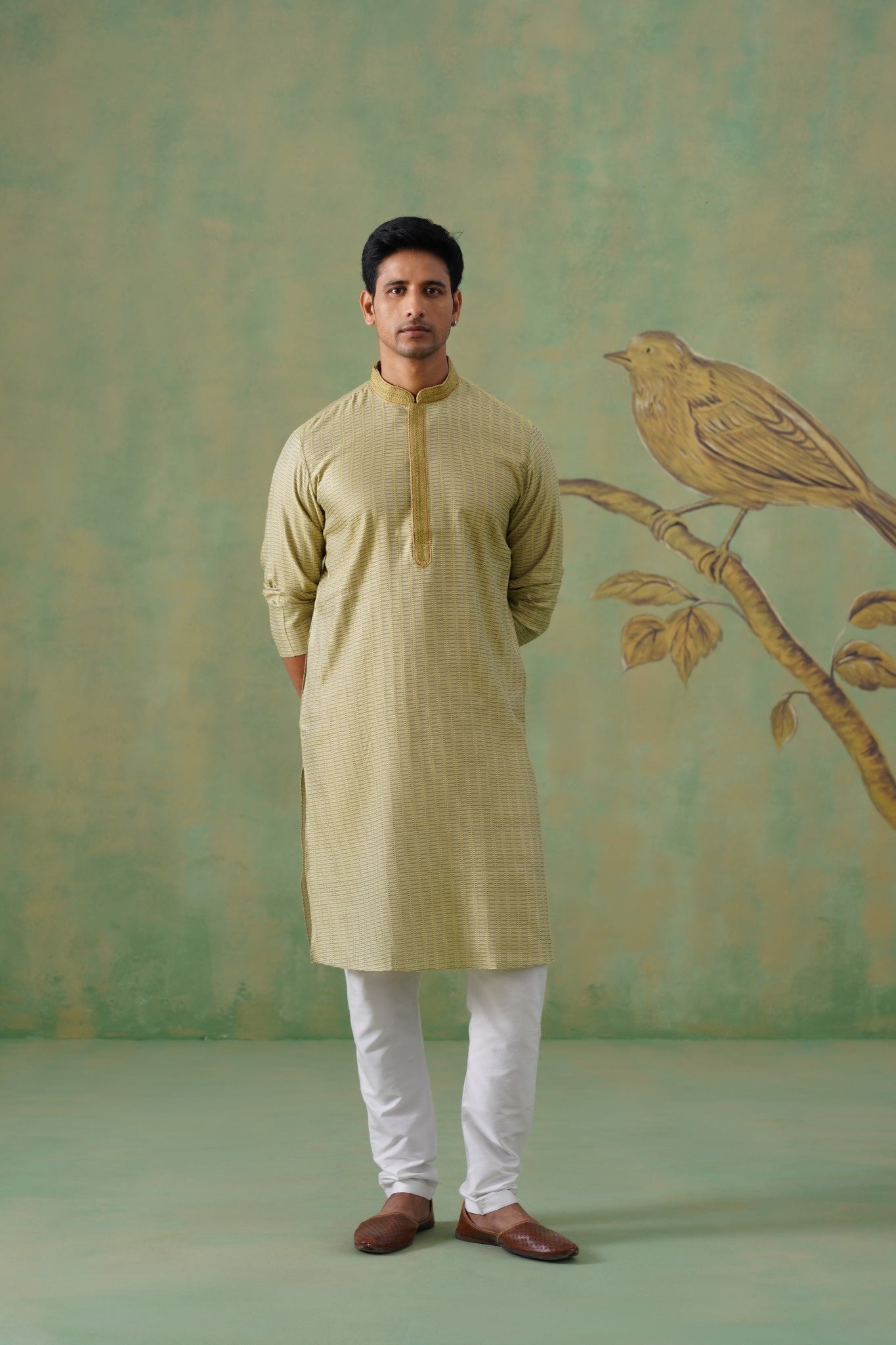 Muted Olive-Mustard Jacquard Kurta Set with Hand-Embroidered Placket