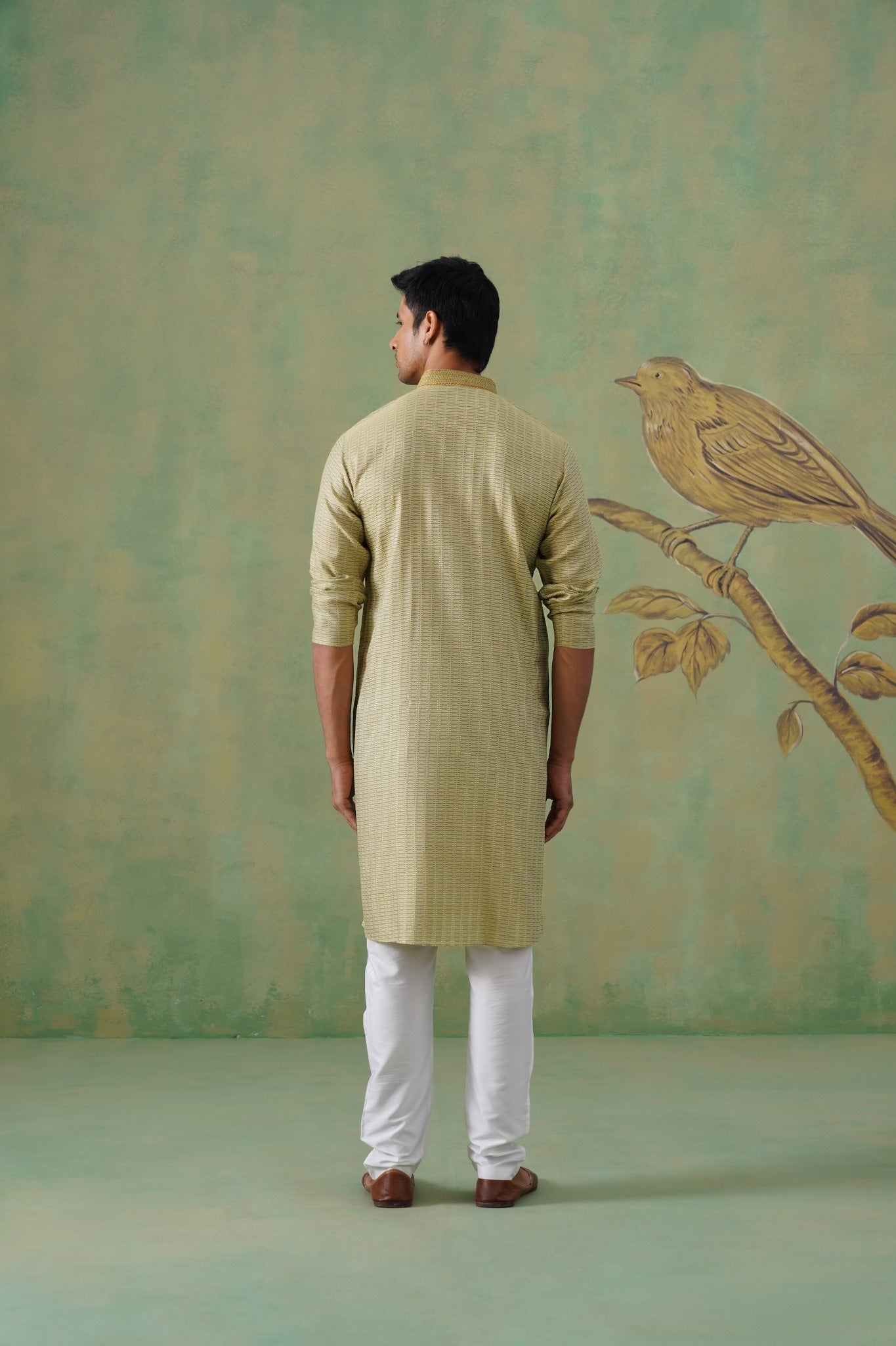 Muted Olive-Mustard Jacquard Kurta Set with Hand-Embroidered Placket