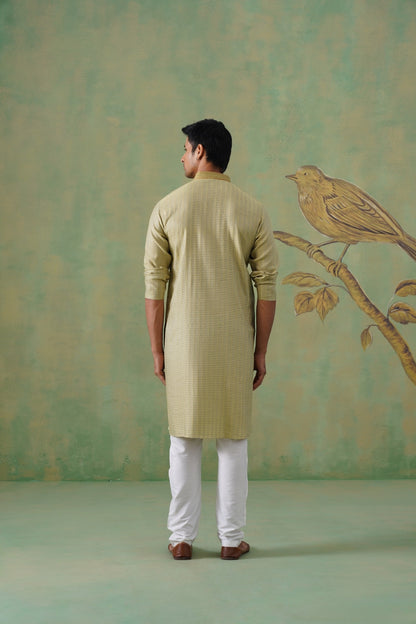 Muted Olive-Mustard Jacquard Kurta Set with Hand-Embroidered Placket