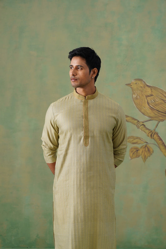 Muted Olive-Mustard Jacquard Kurta Set with Hand-Embroidered Placket
