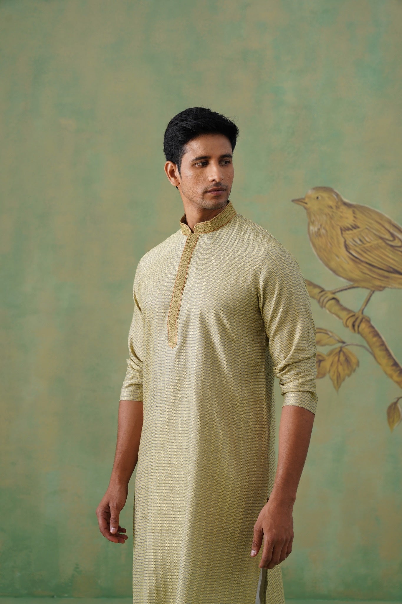 Muted Olive-Mustard Jacquard Kurta Set with Hand-Embroidered Placket