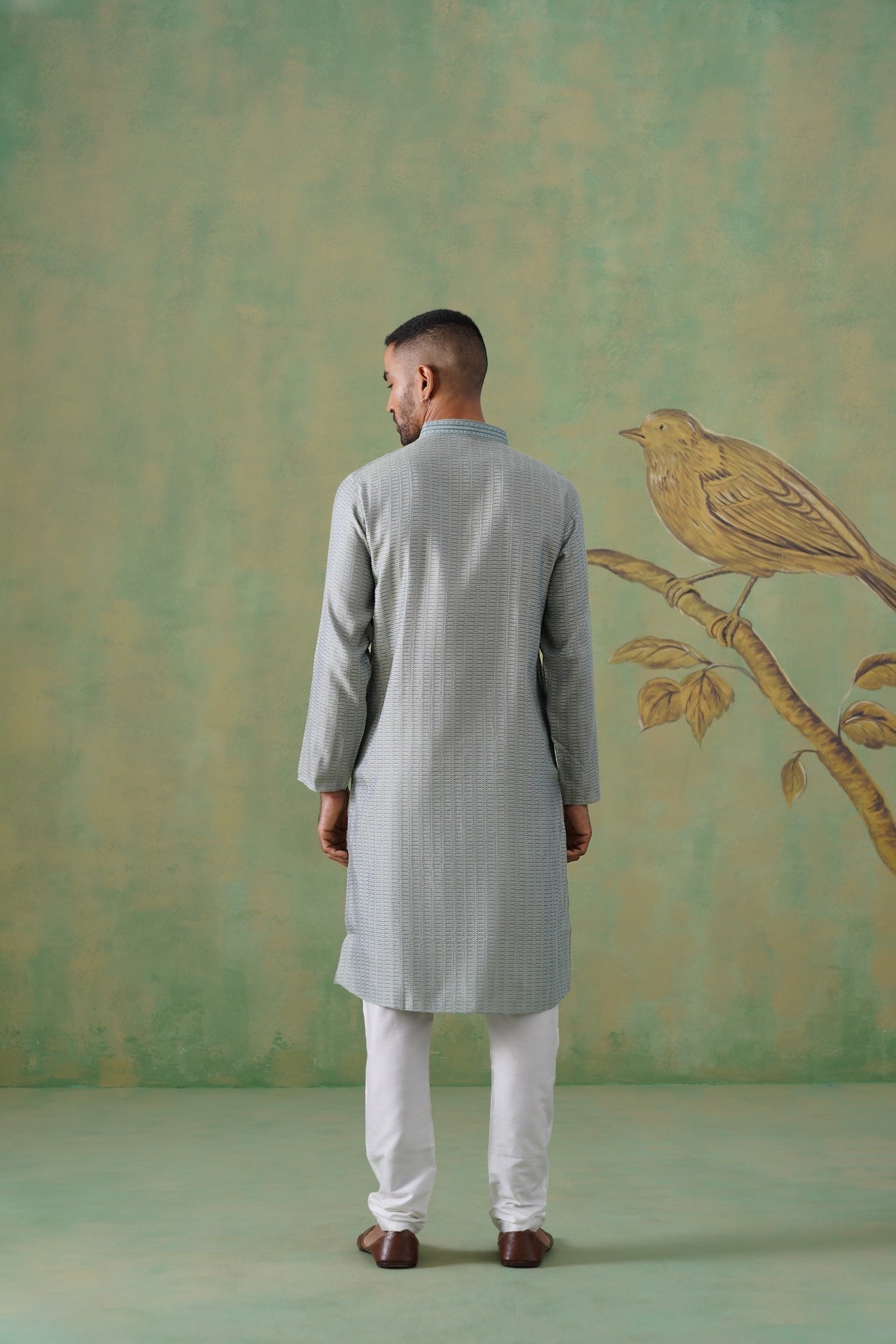 Muted Teal Jacquard Kurta Set with Hand-Embroidered Placket