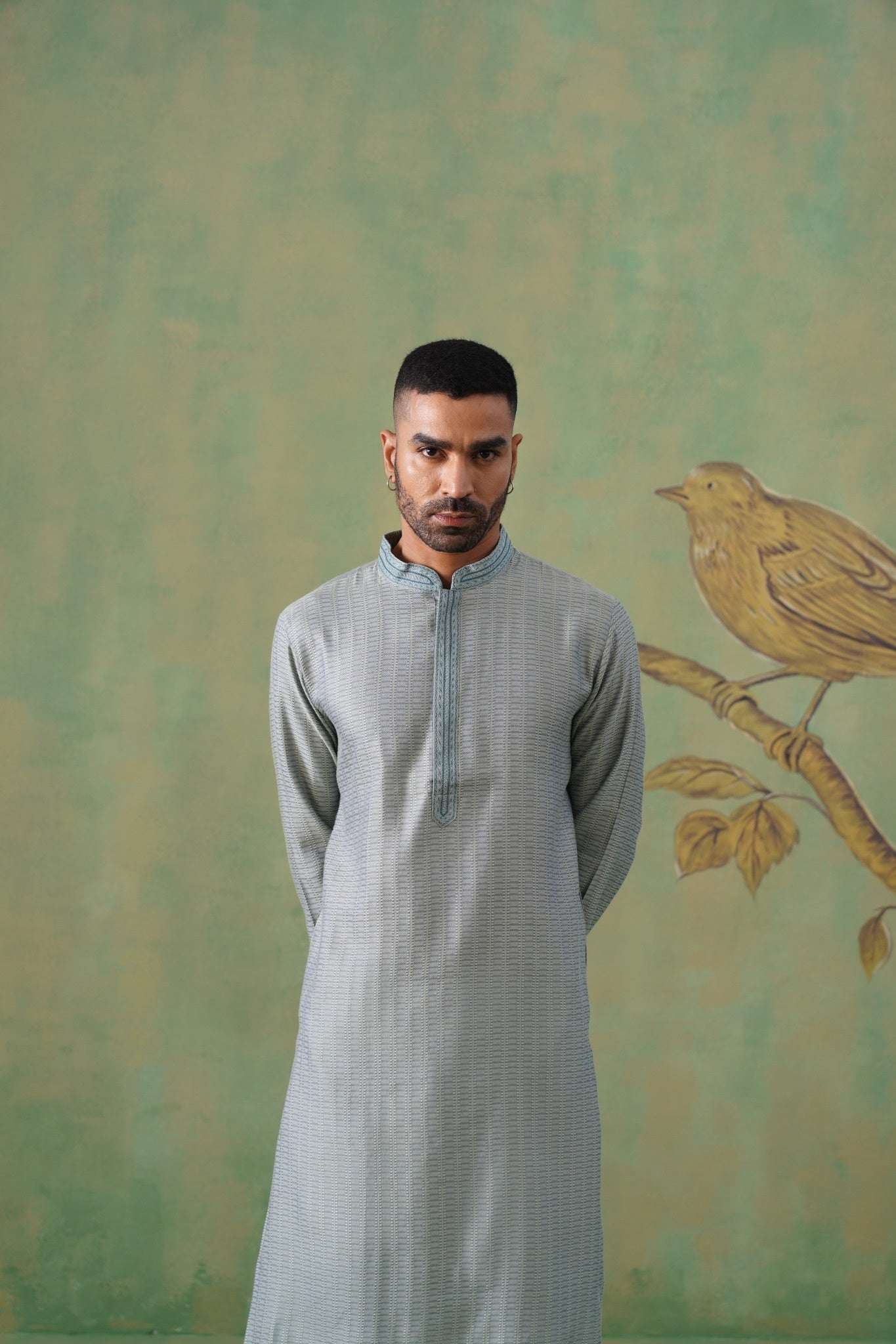 Muted Teal Jacquard Kurta Set with Hand-Embroidered Placket