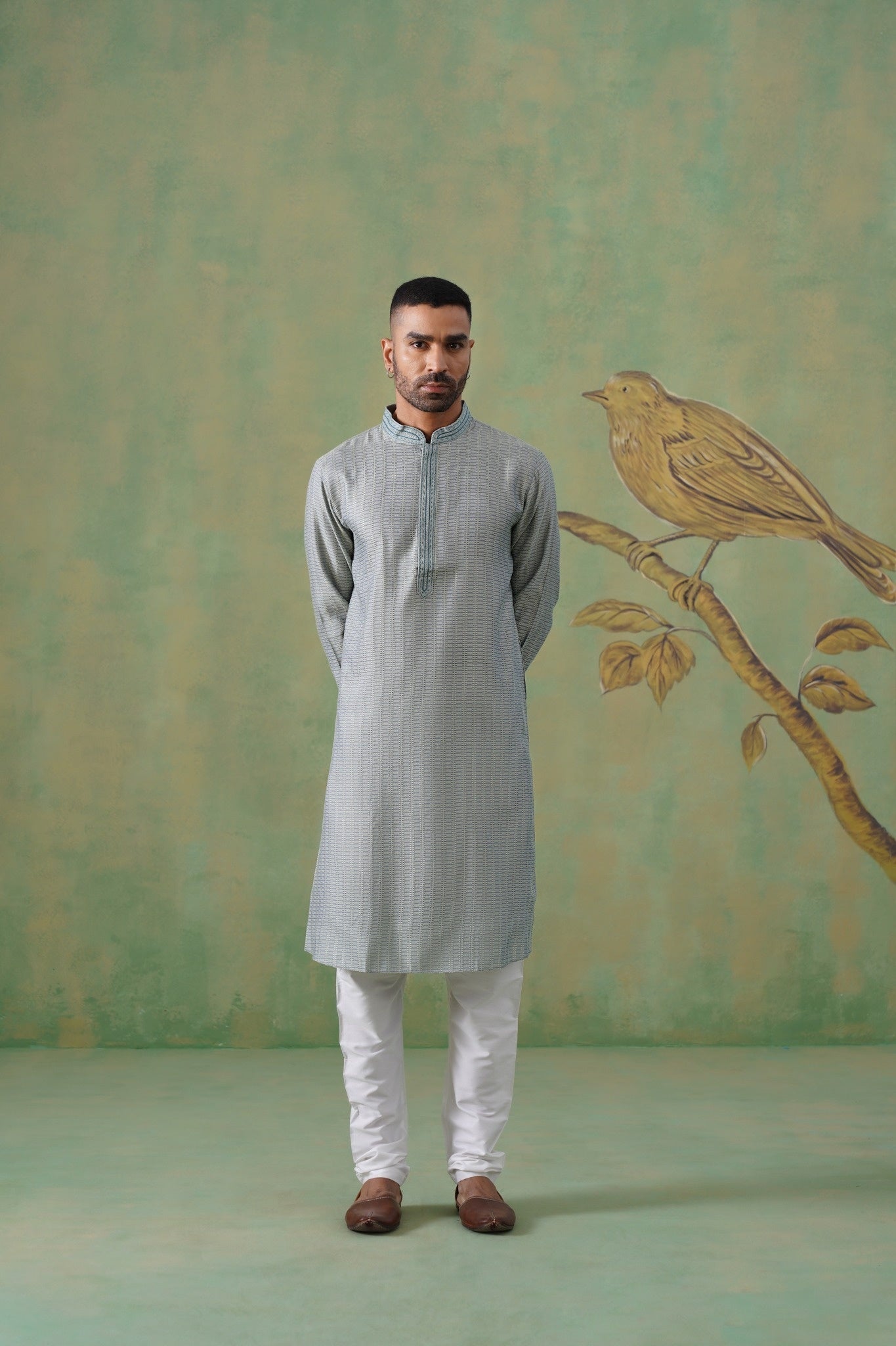 Muted Teal Jacquard Kurta Set with Hand-Embroidered Placket
