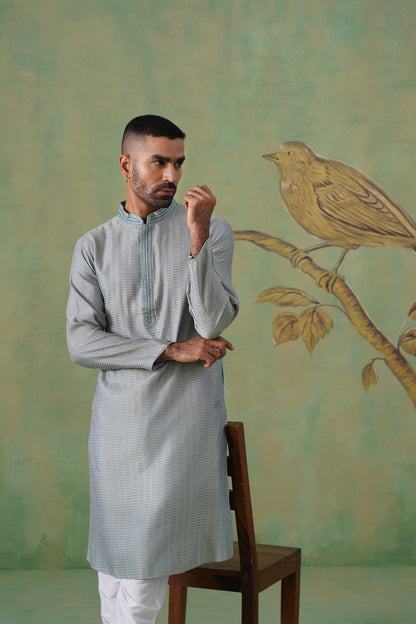 Muted Teal Jacquard Kurta Set with Hand-Embroidered Placket