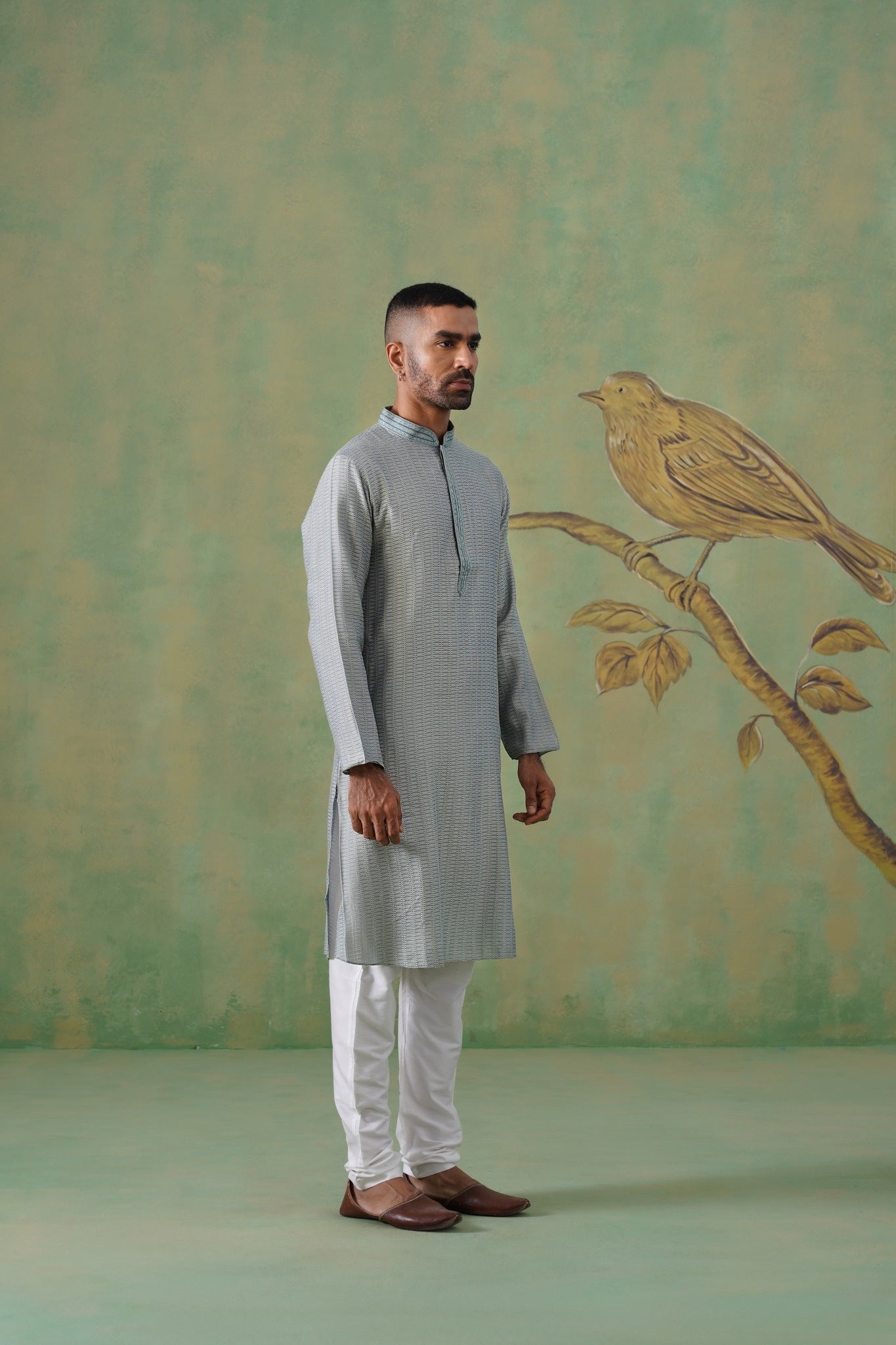 Muted Teal Jacquard Kurta Set with Hand-Embroidered Placket