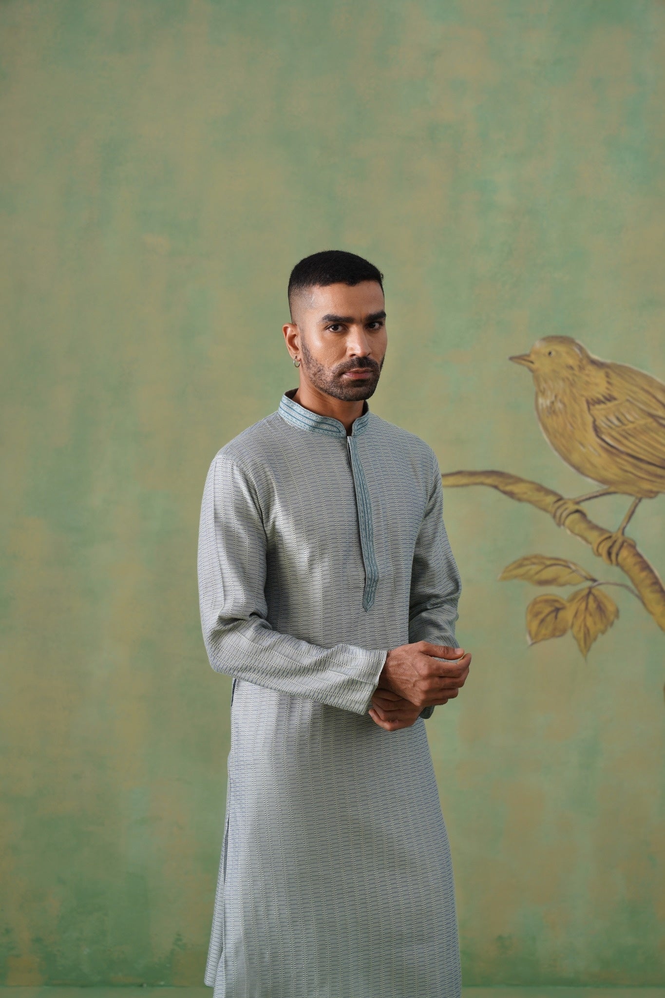 Muted Teal Jacquard Kurta Set with Hand-Embroidered Placket