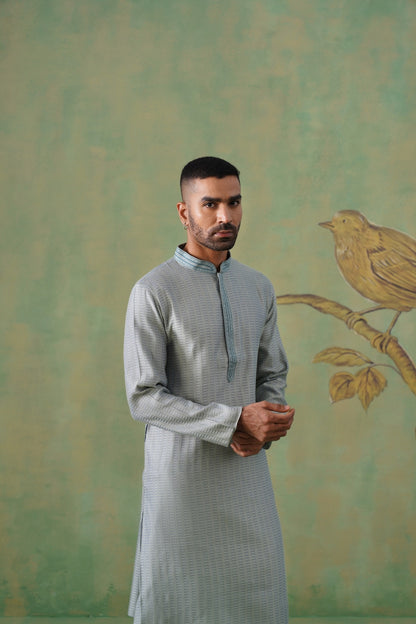 Muted Teal Jacquard Kurta Set with Hand-Embroidered Placket