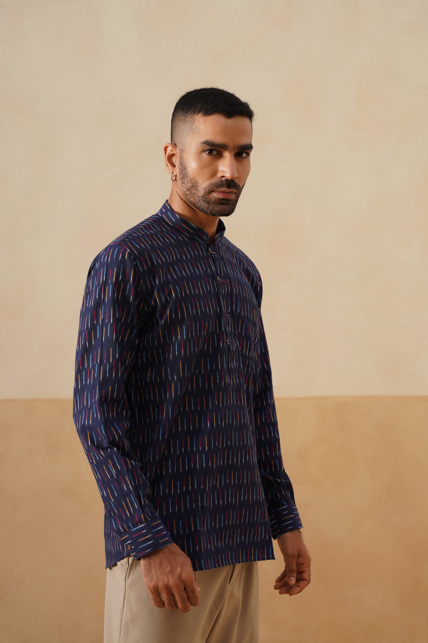 Navy Blue Ikat Cotton Ethnic Shirt