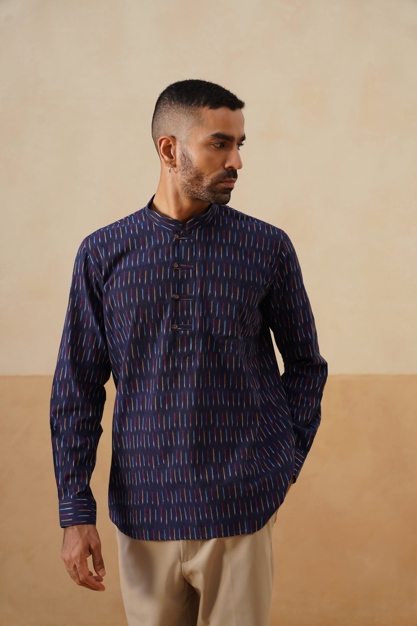 Navy Blue Ikat Cotton Ethnic Shirt