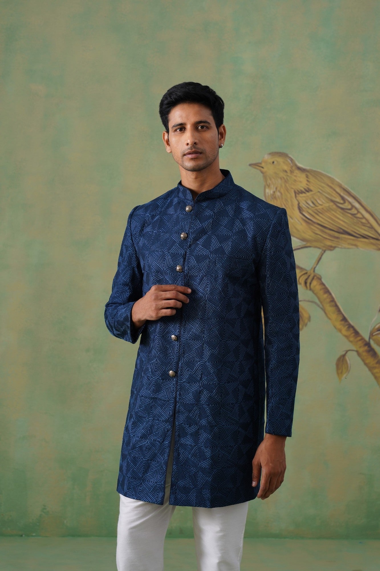 Navy Blue Textured Indo-Western Jacket Set