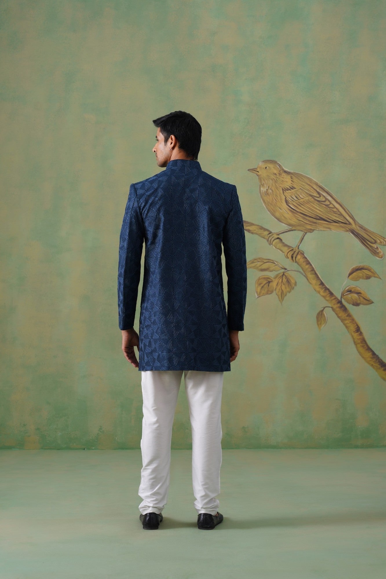 Navy Blue Textured Indo-Western Jacket Set