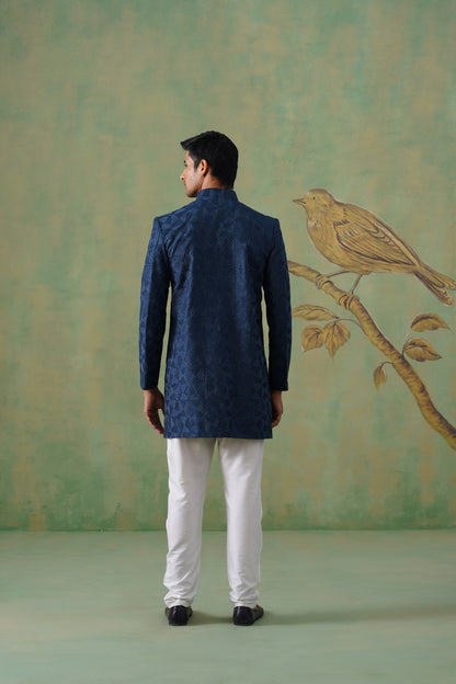 Navy Blue Textured Indo-Western Jacket Set