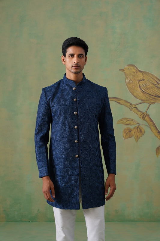 Navy Blue Textured Indo-Western Jacket Set