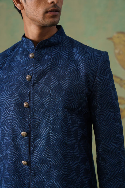 Navy Blue Textured Indo-Western Jacket Set