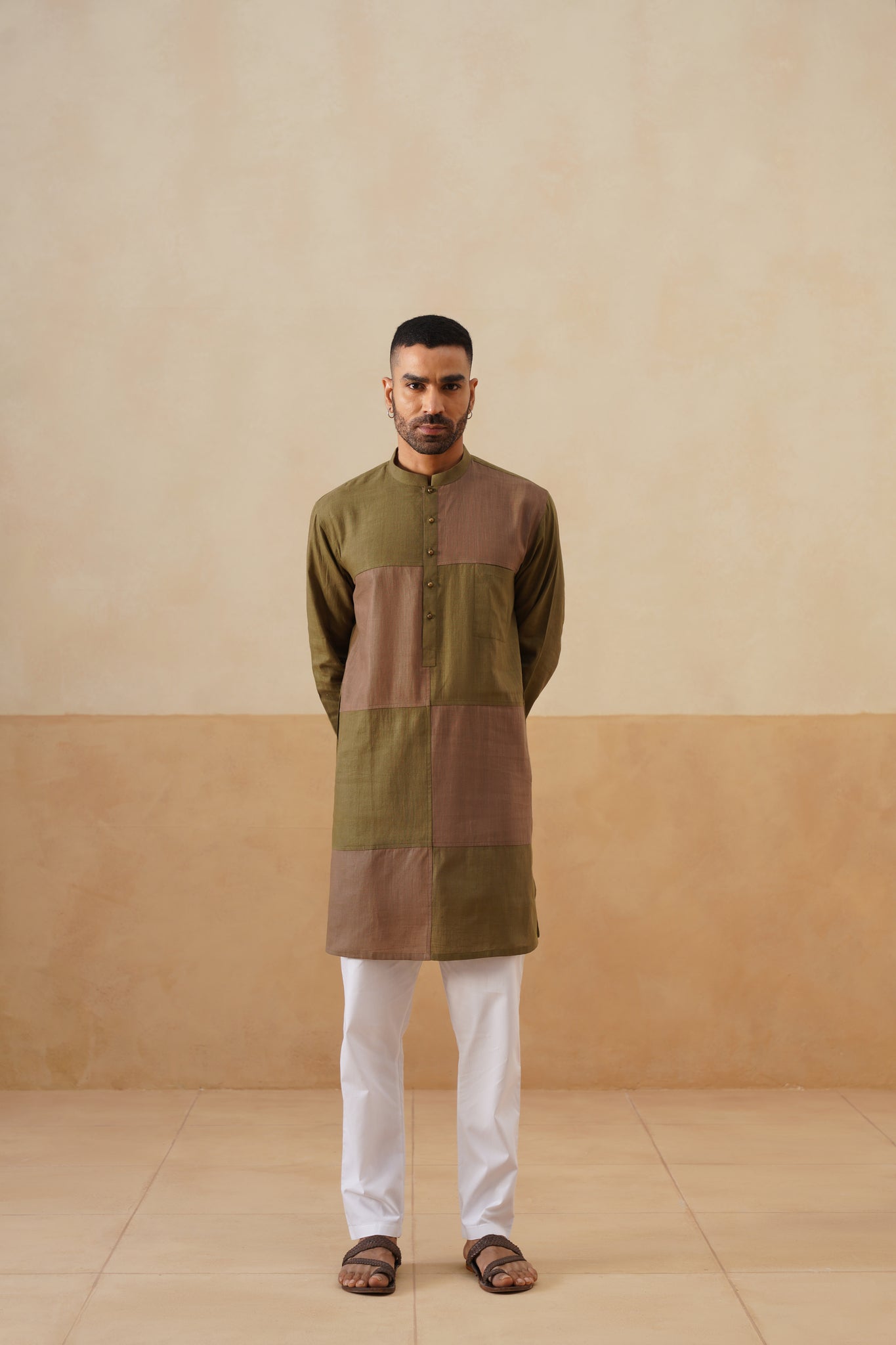 Olive & Brown Dual-Tone Panel Short Kurta