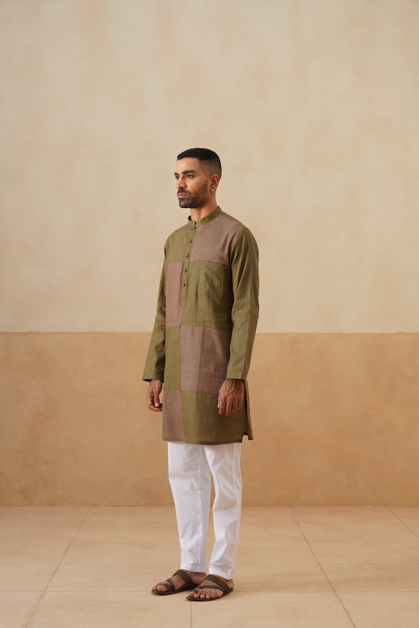Olive & Brown Dual-Tone Panel Short Kurta