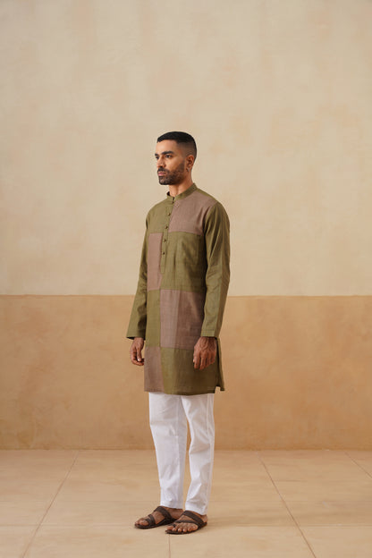 Olive & Brown Dual-Tone Panel Short Kurta
