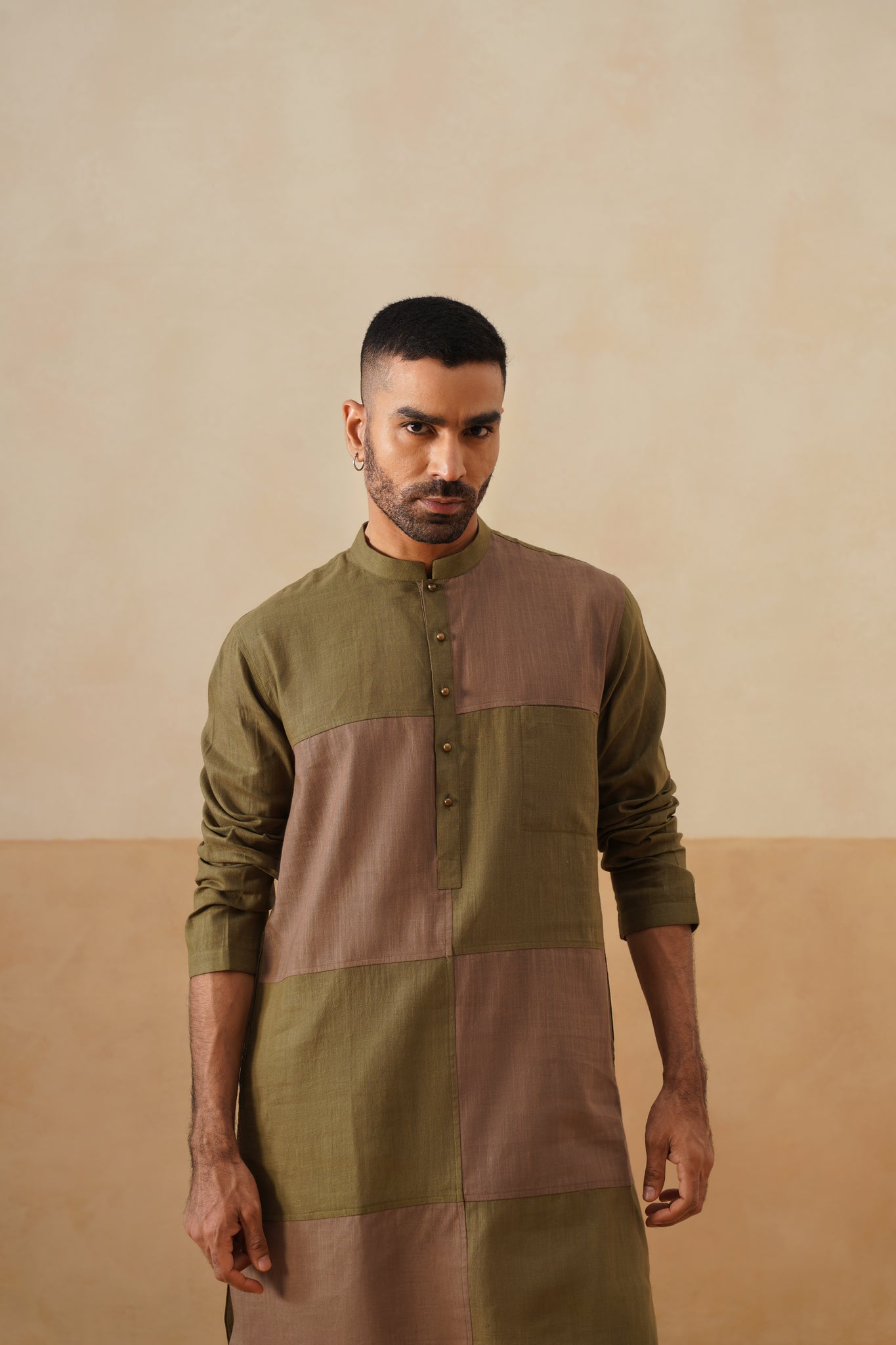 Olive & Brown Dual-Tone Panel Short Kurta