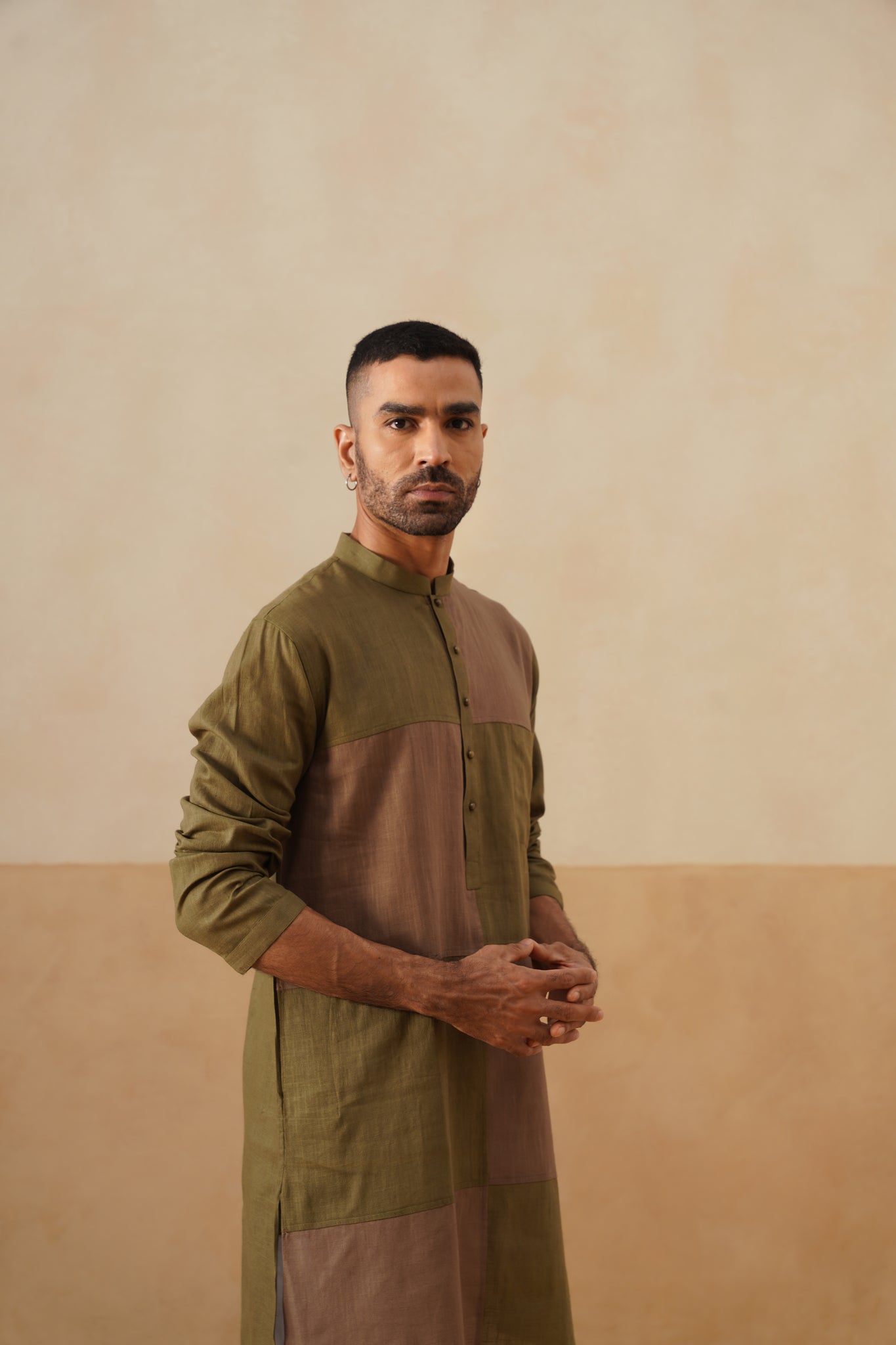 Olive & Brown Dual-Tone Panel Short Kurta