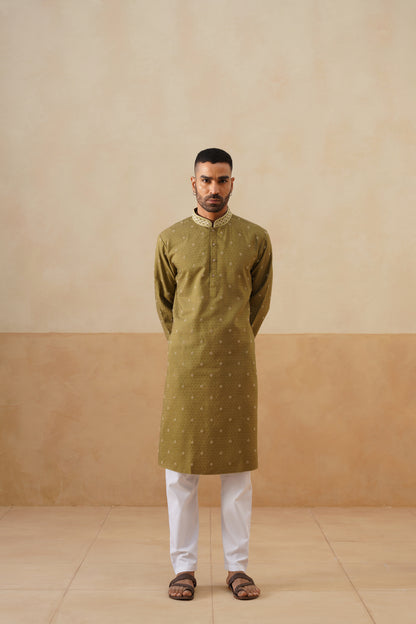 Olive Green Hand Embroidered Kurta Set