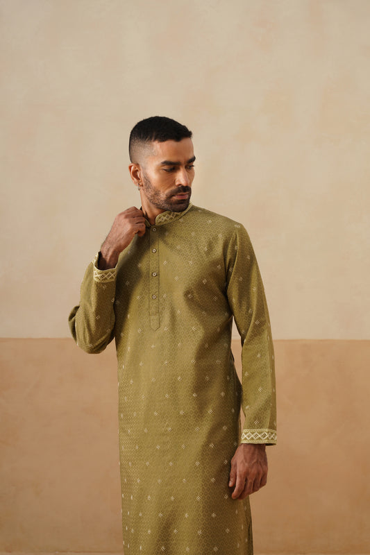 Olive Green Hand Embroidered Kurta Set