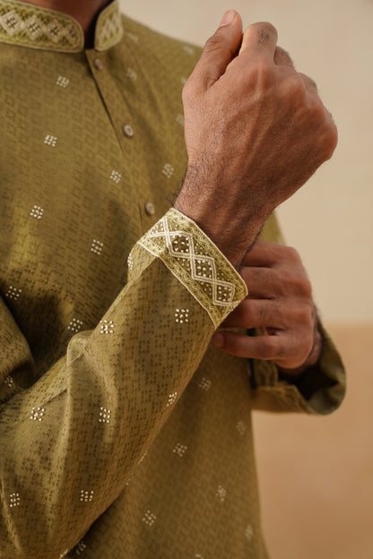 Olive Green Hand Embroidered Kurta Set
