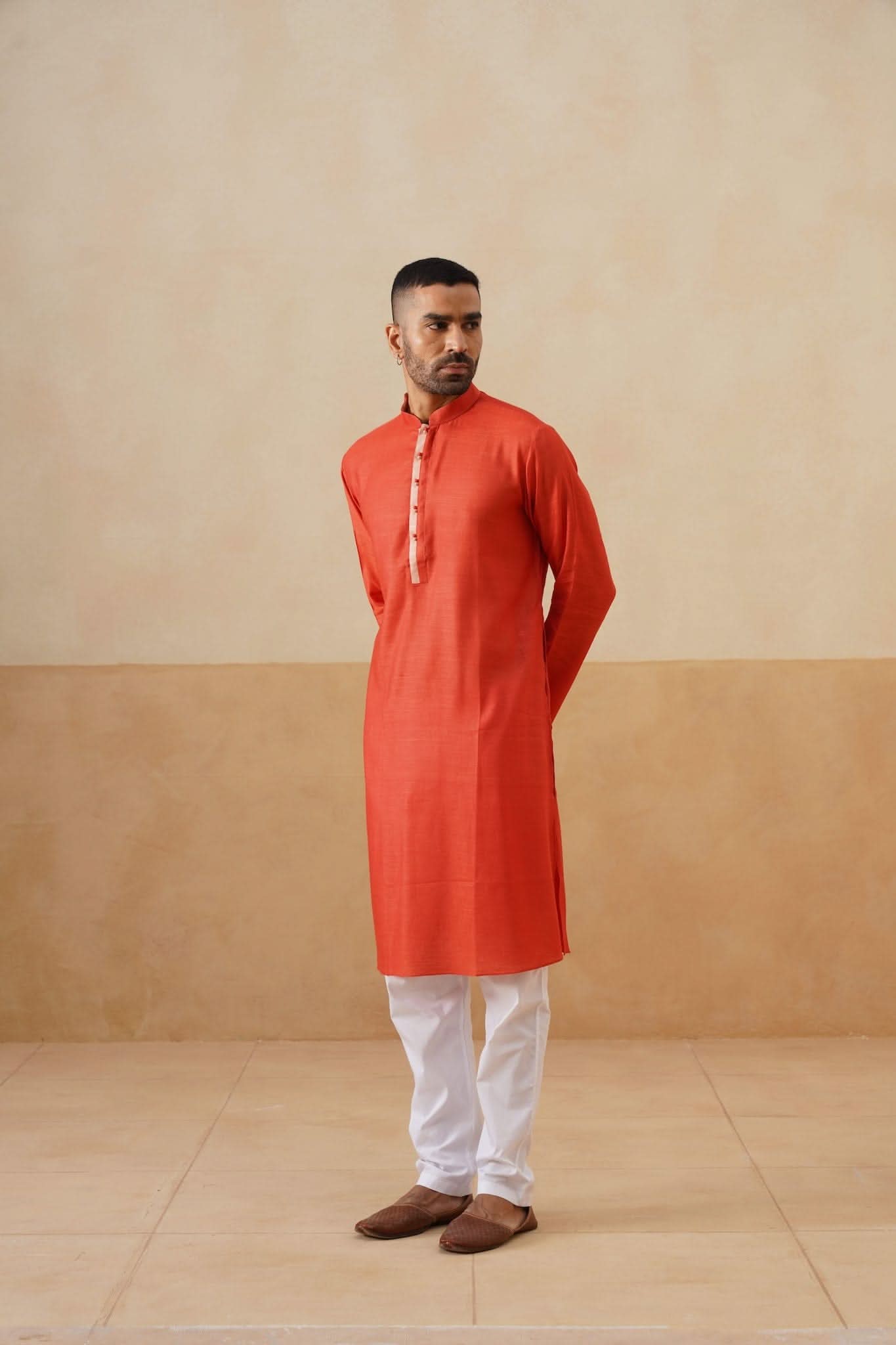 Saffron Kurta with Contrast Placket
