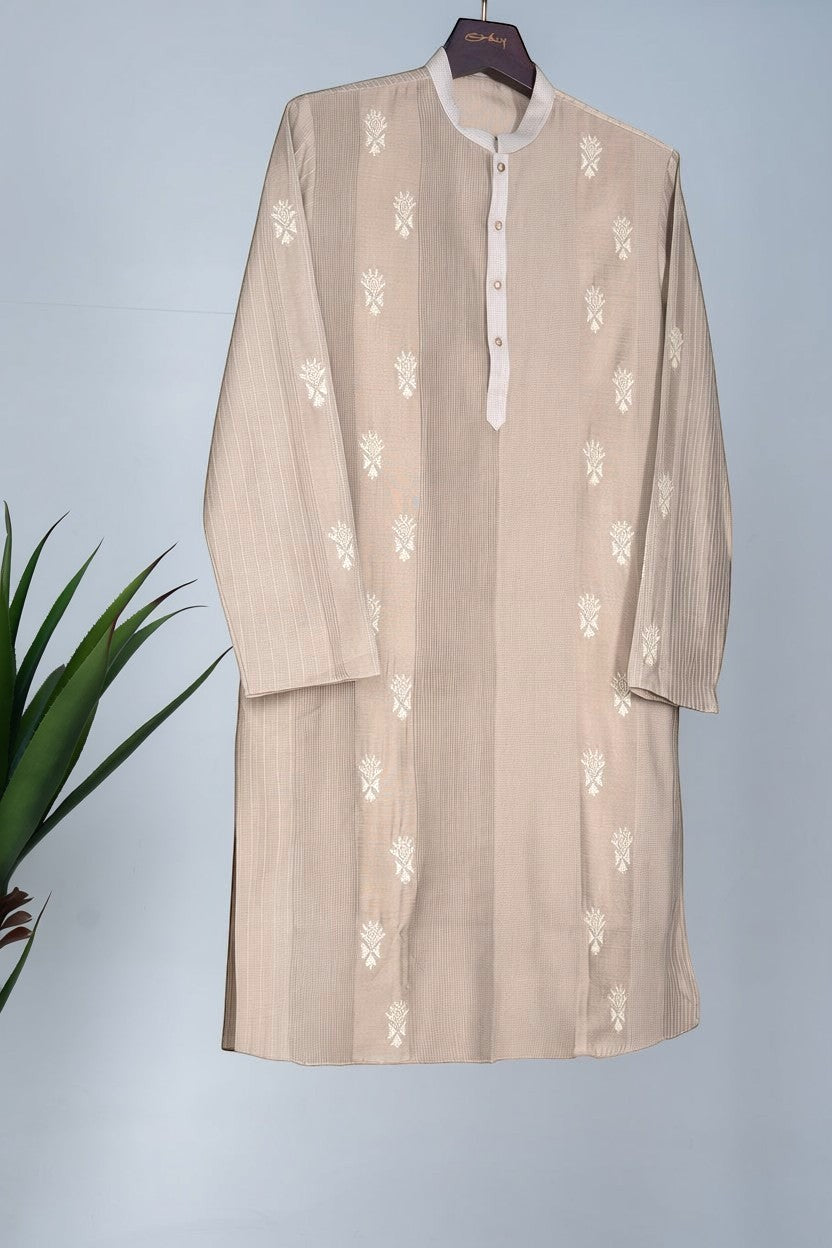 Orly beige cotton blend kurta with delicate white hand embroidery and subtle texture, ideal for festive occasions.