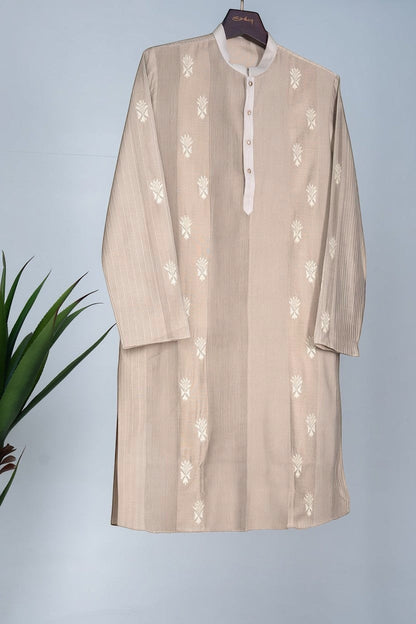 Orly beige cotton blend kurta with delicate white hand embroidery and subtle texture, ideal for festive occasions.