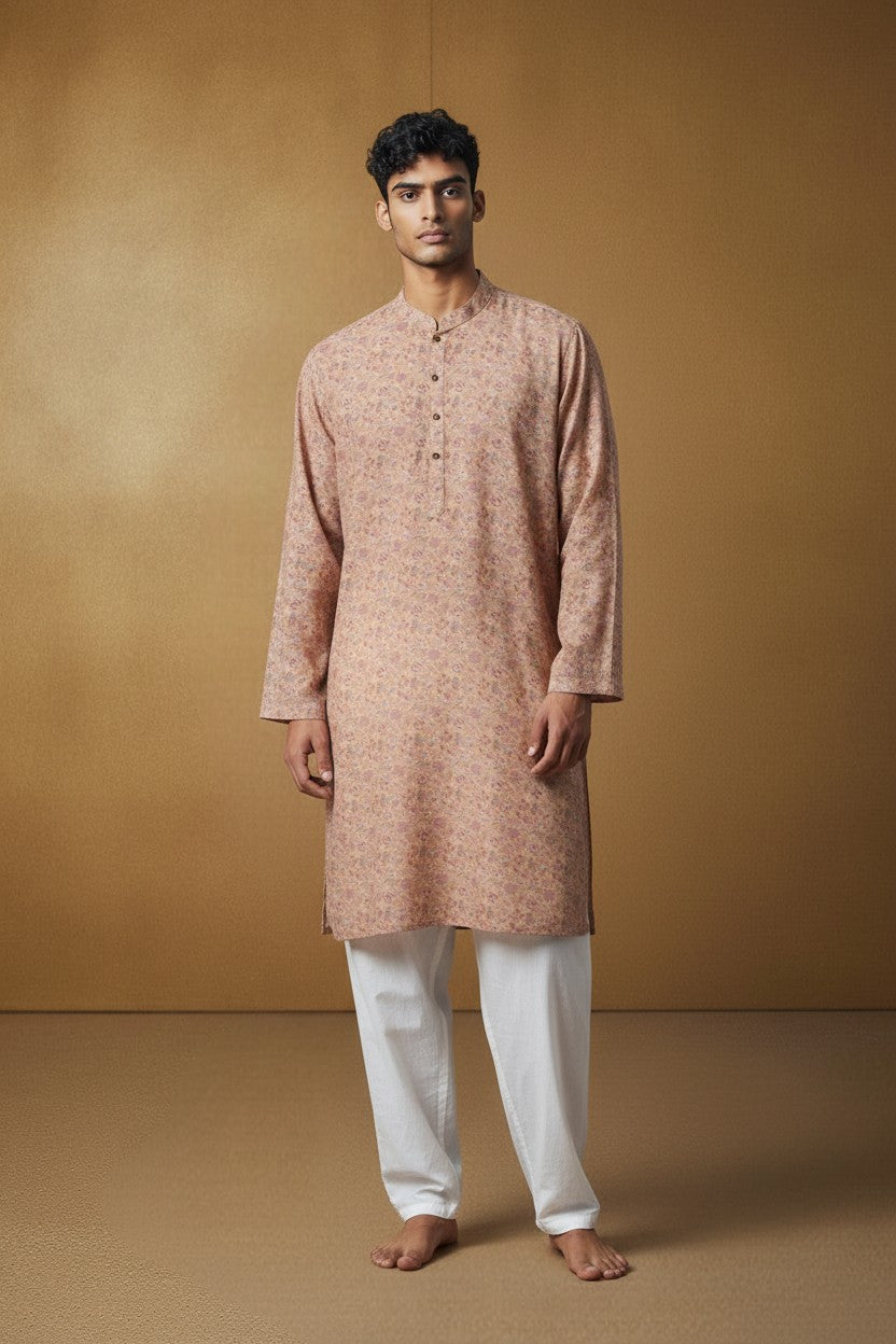Orly beige kurta with all-over rose floral print in blush and grey. Cotton blend, mandarin collar, button placket. Ideal for festive occasions.