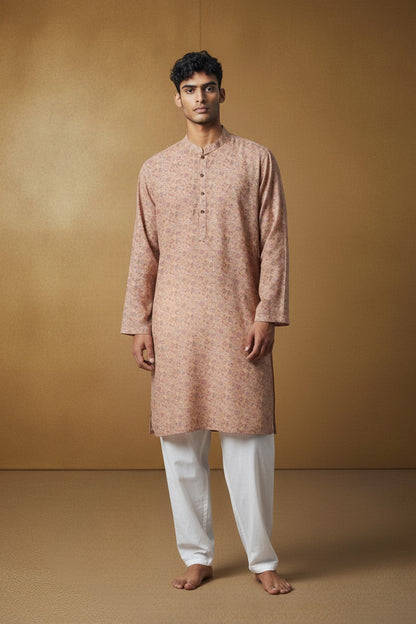 Orly beige kurta with all-over rose floral print in blush and grey. Cotton blend, mandarin collar, button placket. Ideal for festive occasions.