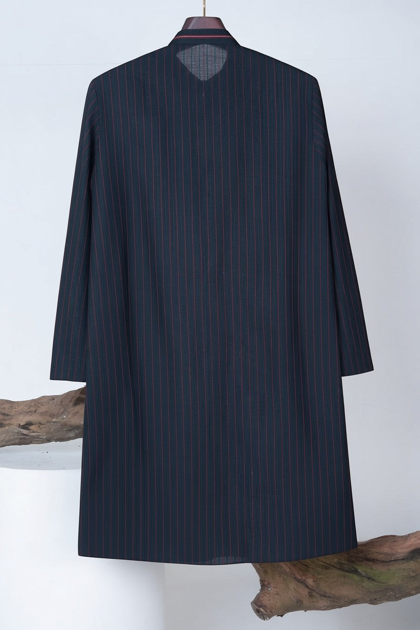 Orly black cotton blend kurta with red pinstripes and pintex detailing, suitable for evening wear.