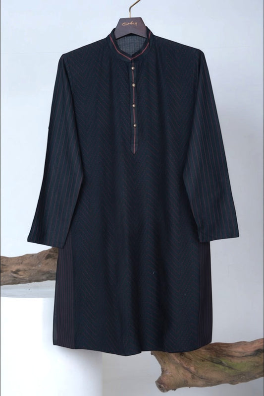 Orly black cotton blend kurta with subtle pintex texture and red pinstripes, ideal for evening wear.