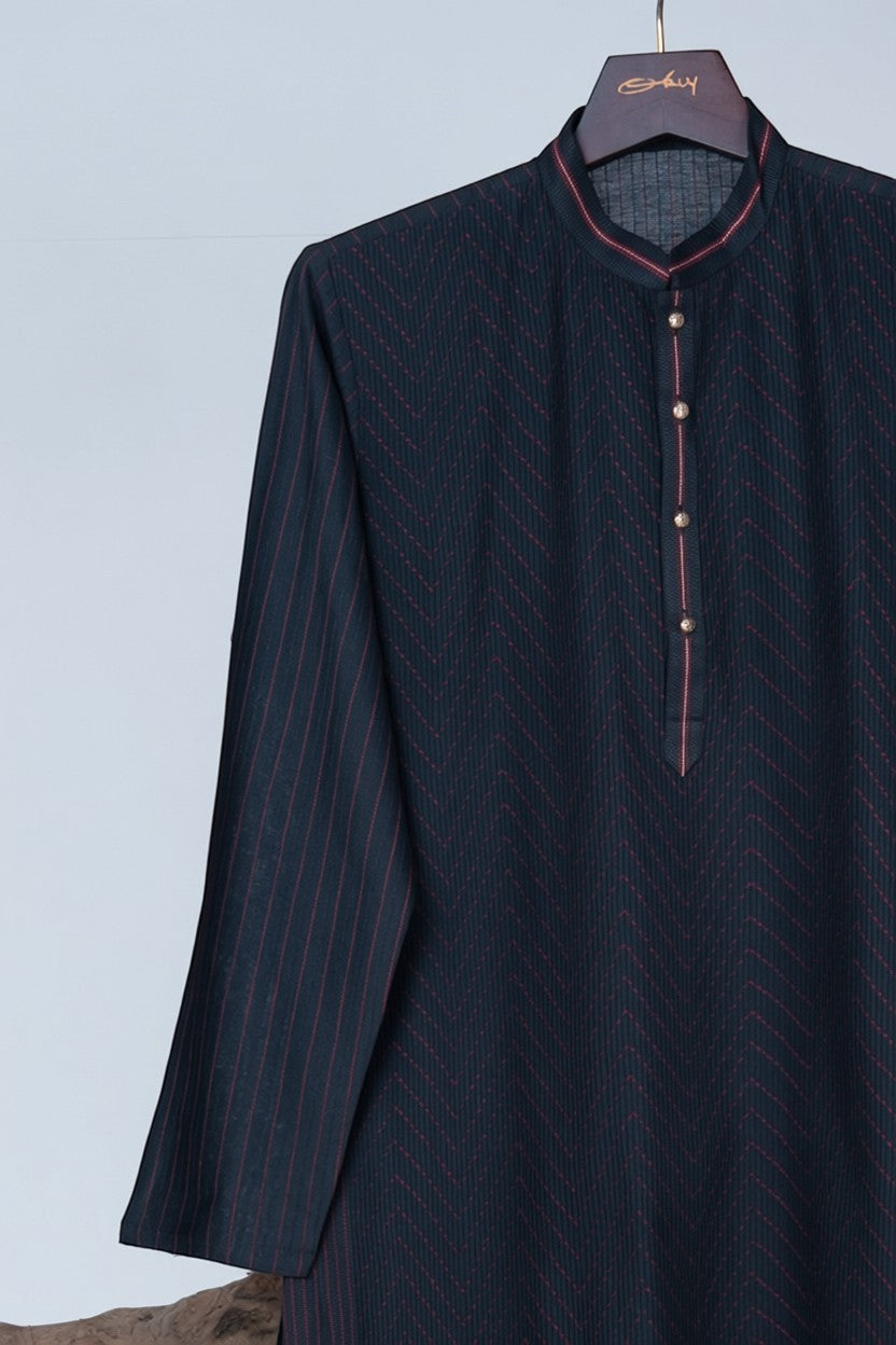 Orly black cotton blend kurta with subtle pintex texture and red stitching detail. Designed for evening wear.
