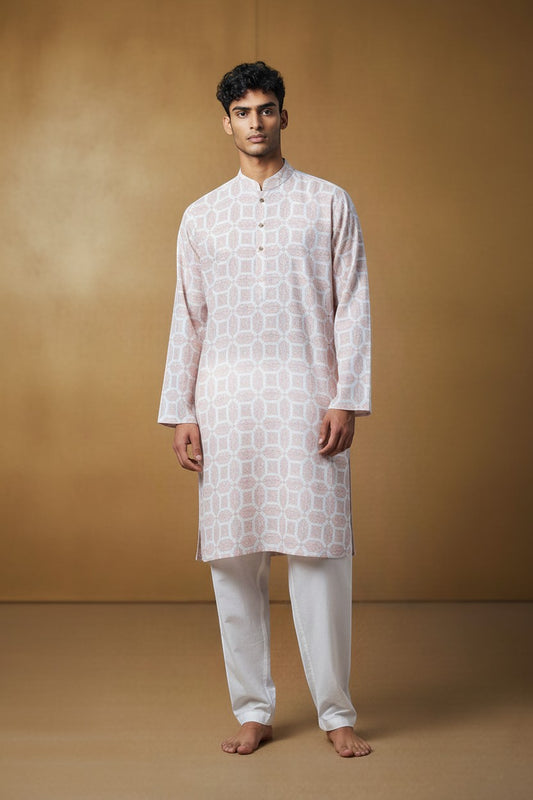 Orly blush geometric jacquard kurta with zari-style embroidery and sequin accents. Band collar, tonal placket. Formal festive wear.