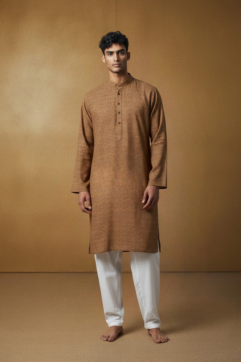 Orly earthy brown cotton kurta with all-over Ajrakh geometric print and band collar.