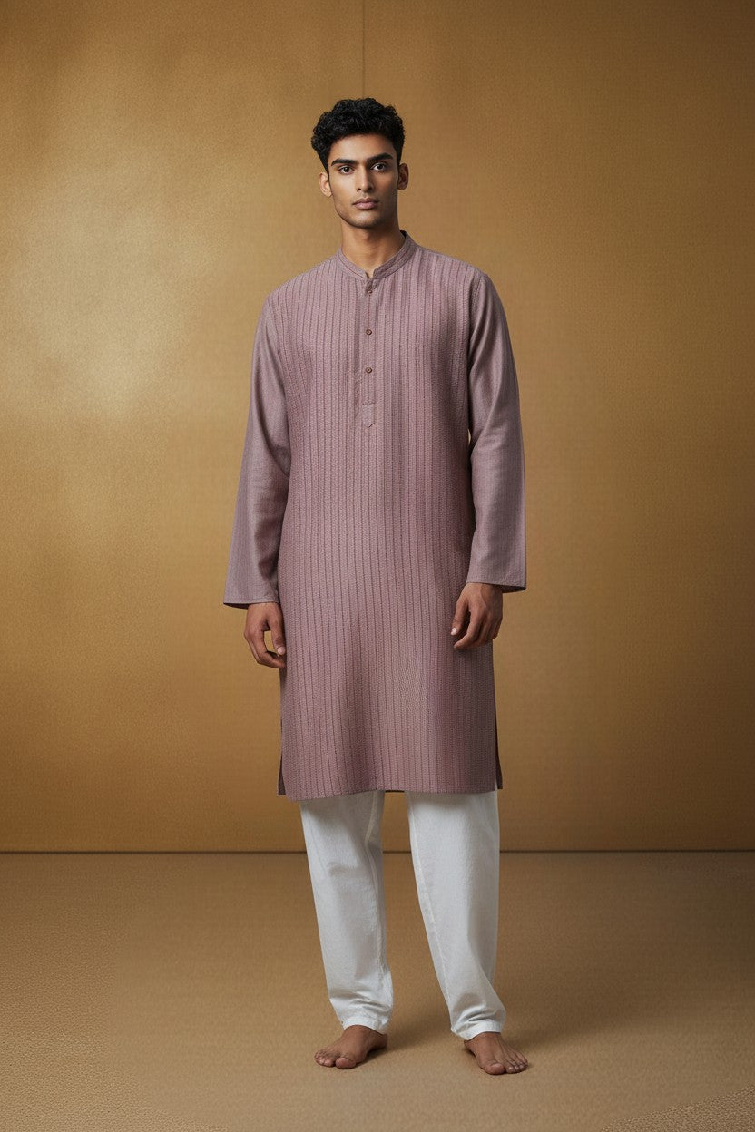 Orly brown cotton blend kurta with vertical Kantha stitch detail and red accents. Suitable for festive occasions.