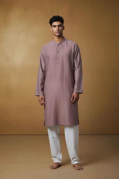Orly brown cotton blend kurta with vertical Kantha stitch detail and red accents. Suitable for festive occasions.