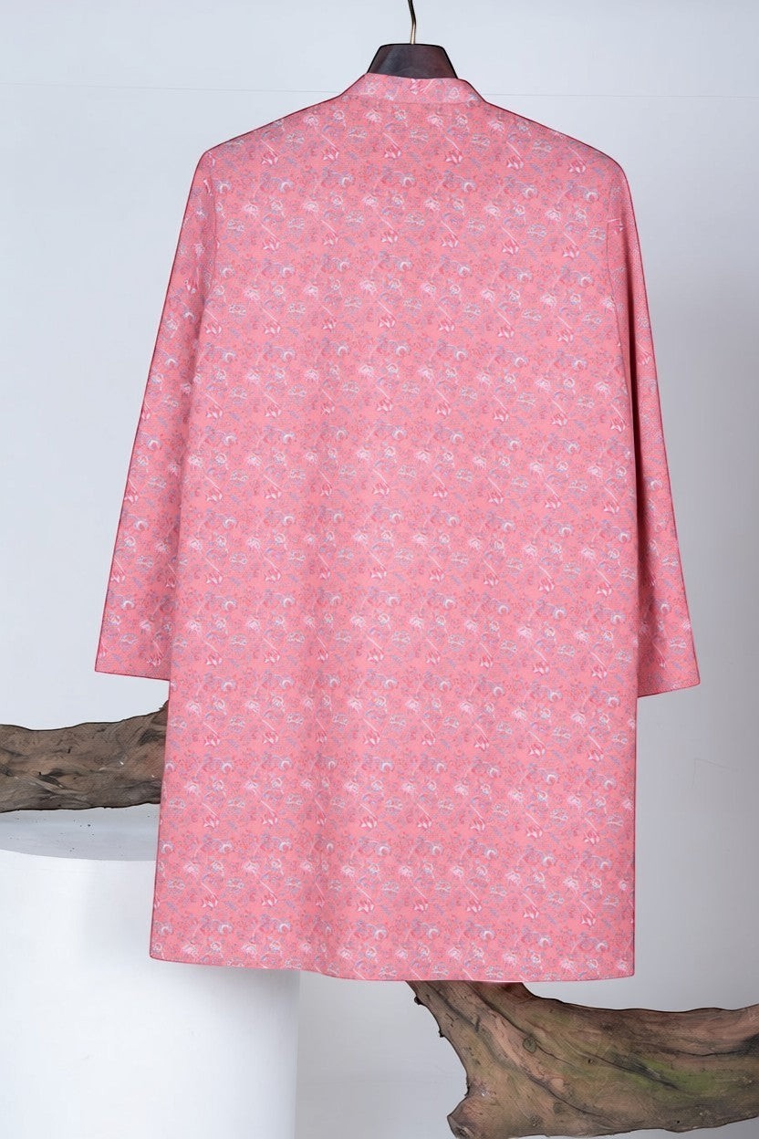 Orly coral cotton blend kurta with all-over traditional floral print and mandarin collar. Ideal for festive wear.